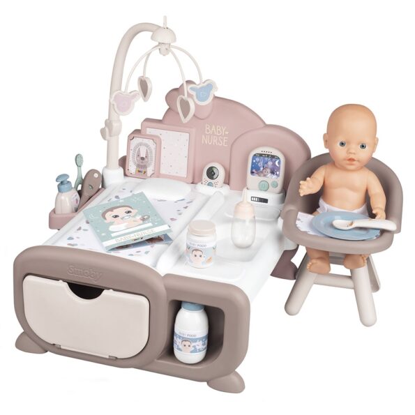 Centru de ingrijire pentru papusi Smoby Baby Nurse Cocoon Nursery maro cu papusa si accesorii